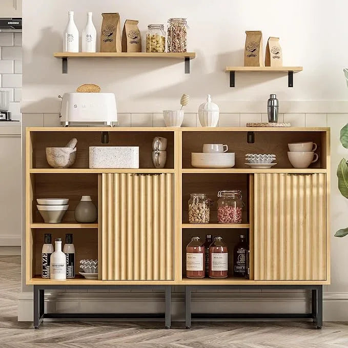 Fluted Kitchen Cabinets Set of 2, Modern 3 Drawers Storage Organizer with Sliding Doors Adjustable Shelf Wood Storage Cabinets for Bathroom Dining Room Living Room - ModernBath