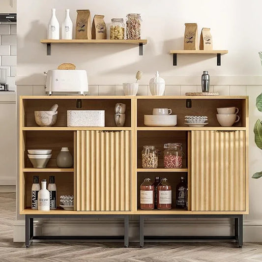 Fluted Kitchen Cabinets Set of 2, Modern 3 Drawers Storage Organizer with Sliding Doors Adjustable Shelf Wood Storage Cabinets for Bathroom Dining Room Living Room - ModernBath