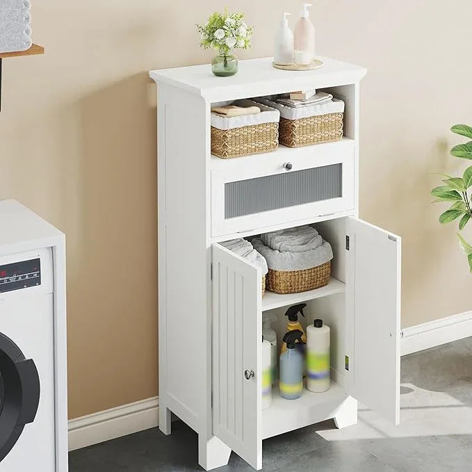 ChooChoo Bathroom Floor Storage Cabinet with Flip Glass Drawer, Freestanding with 2 Doors, Adjustable Shelf & Open Storage for Living Room, Hallway, White - ModernBath