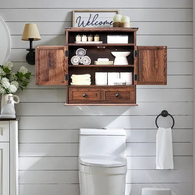 ACCOHOHO Bathroom Wall Cabinet, Farmhouse Medicine Cabinet, 24" Wide Cabinet with Drawer, Adjustable Shelf, Double Barn Doors, Storage Cabinet for Bathroom, Kitchen, Living Room, Brown - ModernBath
