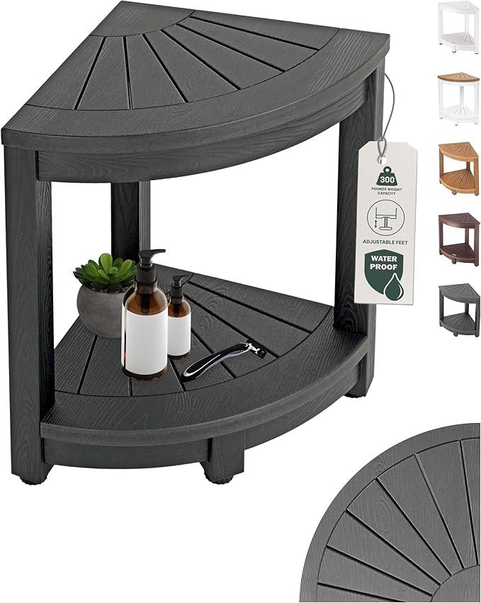 ROHKEX Plastic Corner Shower Stool - Black, Plastic - Shaving Seat & Shower Stool for Shaving Legs - Non-Slip Feet & Waterproof Bench - Space-Saving Storage & Corner Bench, Home Decor Gifts Idea - ModernBath