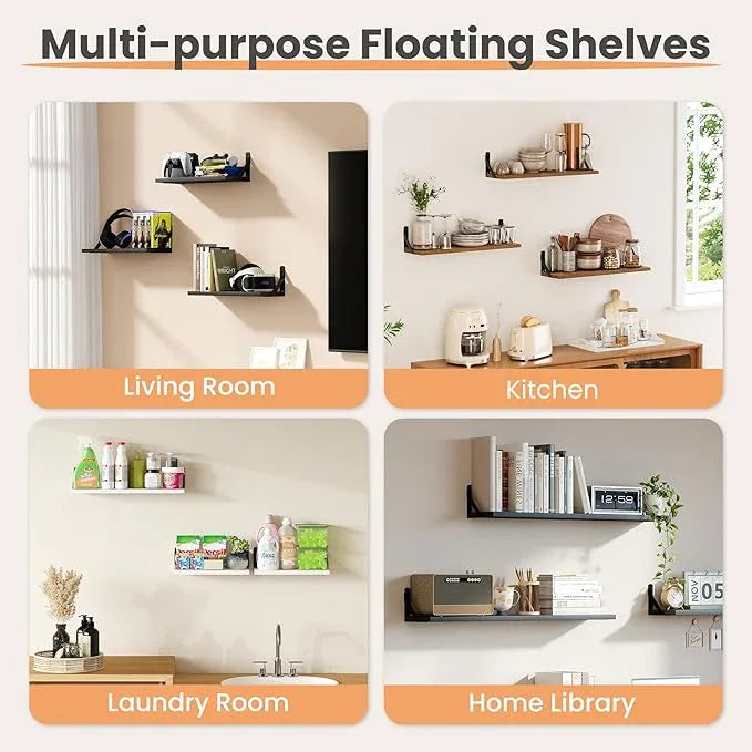 upsimples Floating Book Shelves for Wall, 23.6 Inches Floating Wood Shelves for Living Room, Laundry Room, Bedroom, Office Organizer and Storage, Brown - ModernBath