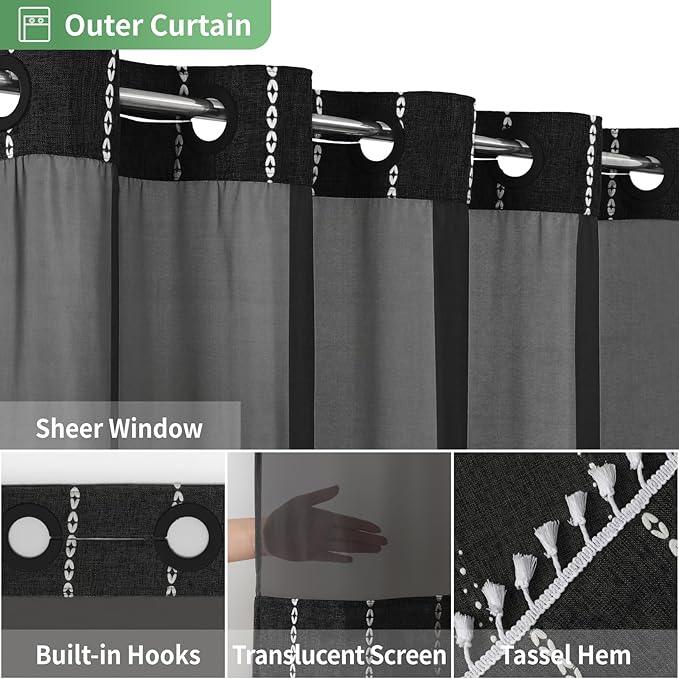 eachope No Hook Extra Long Shower Curtain Set with Snap-in Liner,Linen Textured Thick Striped Fabric with Tassels,Boho Chic Modern Farmhouse Bathroom Curtain,Water-Repellent,Black,71x86 - ModernBath