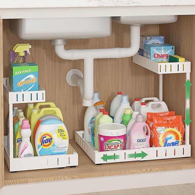 REALINN Under Sink Organizer, 2 Tier Expandable Under Cabinet Organizer, Heights Adjustable Pull Out Storage for Kitchen Bathroom Laundry, White, 2 Pack - ModernBath