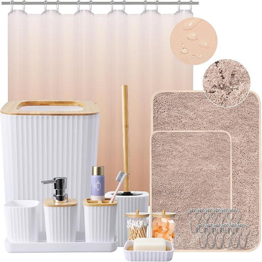 XLHOMO 24Pcs White and Gold Bathroom Set with Shower Curtain and Rug, White Bathroom Sets Complete with Trash Can,Soap Dispenser,Soap Dish,Toilet Brush,Toothbrush Holder and Cup,Tray,Q-Tip Holders - ModernBath