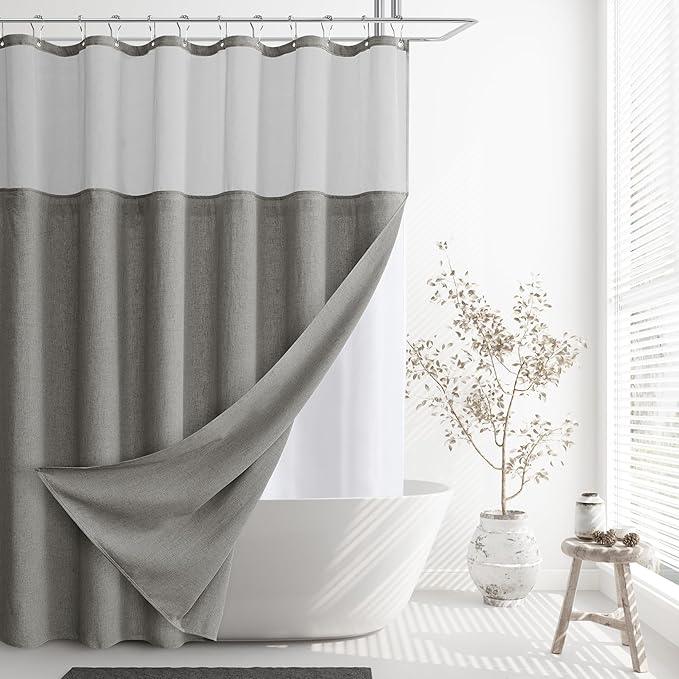 Naturoom Long Shower Curtain 84 Length Linen Thick Cloth Bath Grey Shower Curtain Set with Liner, Tall Modern Farmhouse Neutral Fabric Men Curtains for Bathroom, Mesh Top Window, Gray - ModernBath