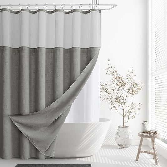 Naturoom Long Shower Curtain 84 Length Linen Thick Cloth Bath Grey Shower Curtain Set with Liner, Tall Modern Farmhouse Neutral Fabric Men Curtains for Bathroom, Mesh Top Window, Gray - ModernBath