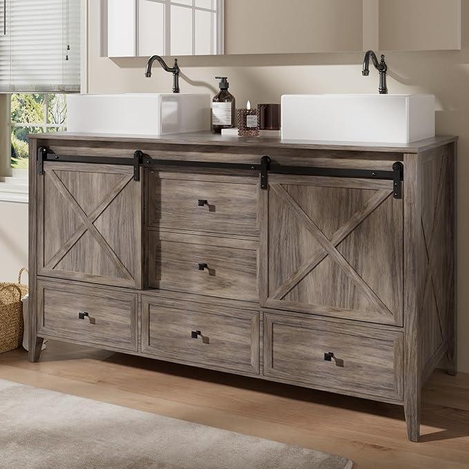 VNN Bathroom Vanity with Sink - 60 Inch Bathroom Vanity Double Sink Ceramic, Freestanding Cabinet with 2 Farmhouse Sliding Barn Doors and 5 Drawers, Space-Saving Storage Cabinet, Grey Wood Grain - ModernBath
