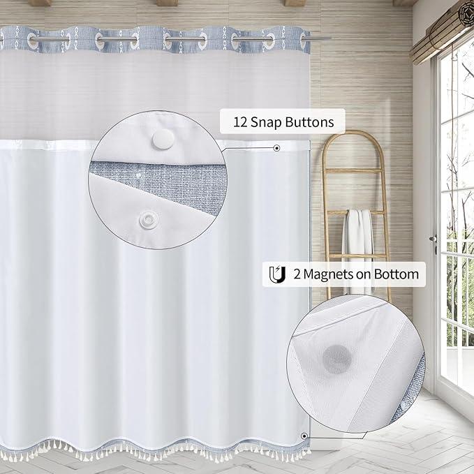 MitoVilla No Hooks Needed Farmhouse Shower Curtain with Snap-in Liner - with Window & Magnets, Boho Cotton Linen Fabric Shower Curtains with Tassels for Rustic Bathroom Decor, Blue, 72 x 74 - ModernBath