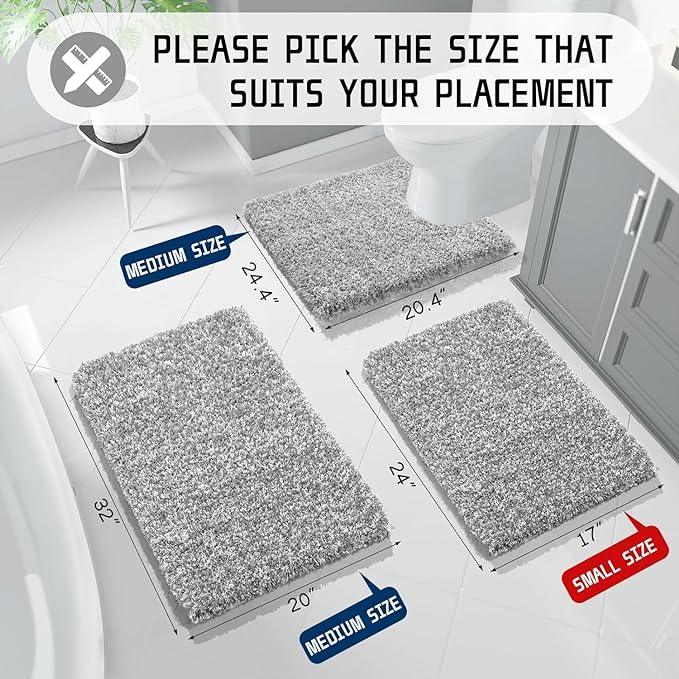 Yimobra Bathroom Rug Set 2 Piece, Soft Absorbent Microfiber Bath Mat Set, Non Slip Machine Washable Dry, Plush Shaggy Shower Rugs for Bathroom Floor, 32"x20"+24"x17", Light Gray and White - ModernBath