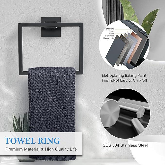 TNOMS 6-Piece Black Bathroom Hardware Set 23.6 Inch Towel Bar Set Double Towel Bar Towel Ring Coat Hook and Toilet Paper Holder with Shelf Wall Mounted Stainless Steel Bathroom Accessories Set - ModernBath