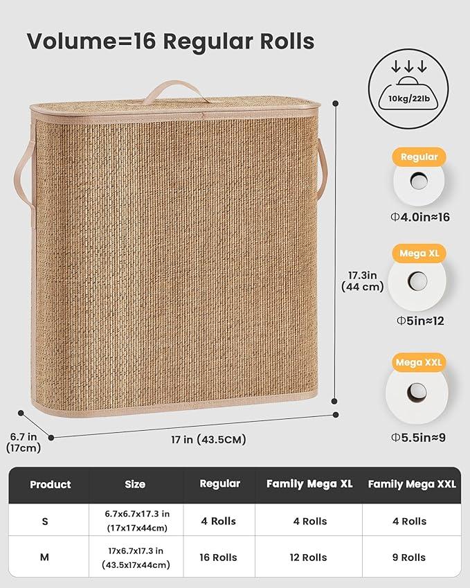 Bamboo Toilet Paper Storage Basket with Lid & Handle - 32L Large Capacity Handwoven Bathroom Organizer for 16 Rolls - Sturdy Stand Holder for Toilet Paper Organization, Carbon Brown - ModernBath