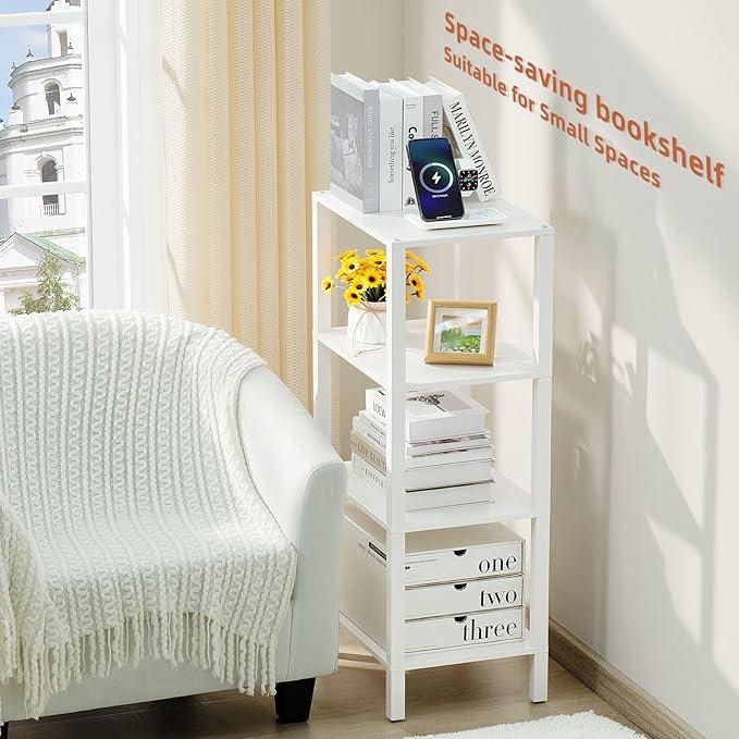 4 Tier Tall Wooden Bookshelf with Storage - Small White Bookcase for Small Spaces, Shelf for Living Room, Office, Bedroom, Kitchen - Industrial Modern Book Shelf - ModernBath