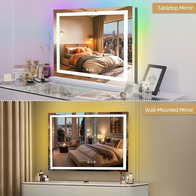 FENCHILIN Vanity Mirror with Lights, 32" x 23" RGB Backlit + Front Lit Large Hollywood Makeup Vanity Mirror LED Strip with 3 Colors Modes Smart Touch for Dressing Room & Bedroom White - ModernBath