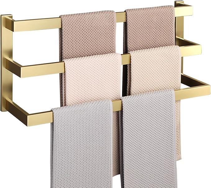 Alise 3-Layers Towel Bars for Bathroom Wall Mount,Brushed Gold Towel Holder Towel Racks for Bathroom Lavatory,SUS304 Stainless Steel Square Towel Rail Towel Hanger for Walls - ModernBath