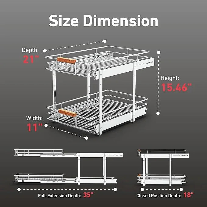 Pull Out Cabinet Organizer(11" W x 21" D), 2 Tier Wire Basket Slide Out Shelf Storage with Wood Handle, Pull Shelf Drawers for 12-1/4” Cabinet Opening, Chrome - ModernBath