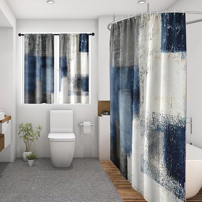 Culudea Navy Blue Grey Painting Shower Curtain Set, Gray Contemporary Modern Abstract Bathroom Window Waterproof Shower Curtain Set for Bathroom Decor - ModernBath