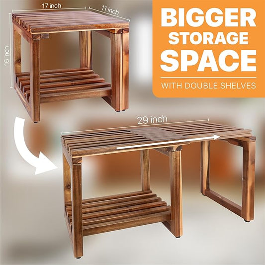 Adjustable Length 29 Inches Shower Stool Bench Chair Waterproof with Storage Shelf for Shaving Legs, Spa, Bath Seat in Bathroom, Inside Shower for Adults Seniors Elderly (Small 29 in)