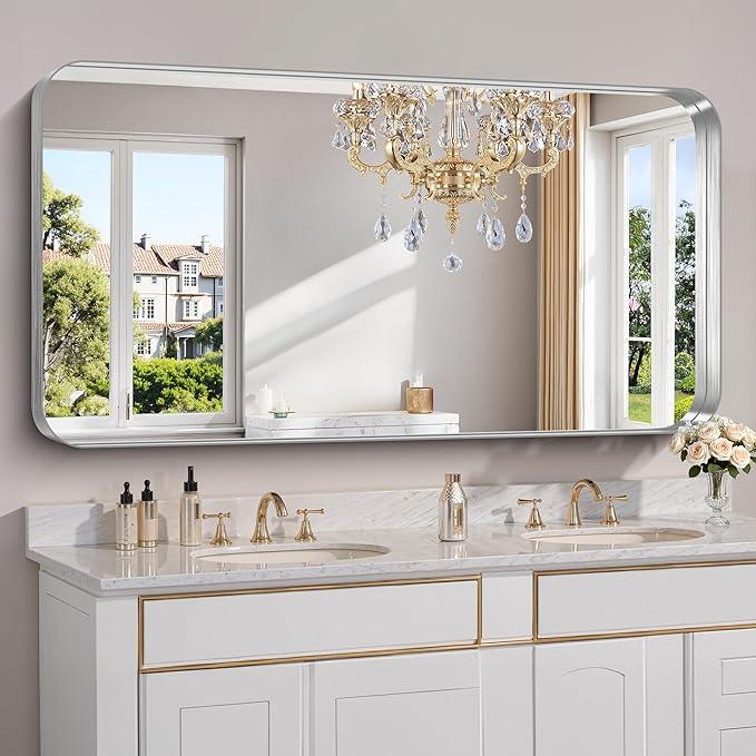 FORBATH 60x30 Inch Large Bathroom Mirror for Double Sinks, Brushed Silver Deep Frame Wall Mirror with Rounded Corners, Anti-Rust Tempered Glass for Modern Farmhouse Vanity (Horizontal/Vertical) - ModernBath