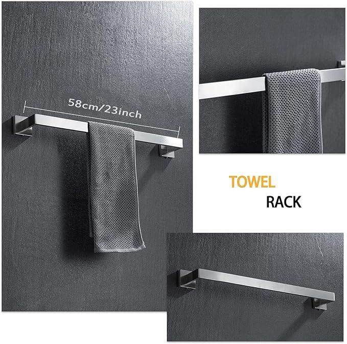 4-Piece Bathroom Hardware Set, Towel Rack Towel Bar Towel Holder Toilet Paper Holder Brushed Nickel Towel Hooks Modern Square Stainless Steel Wall Mounted Bathroom Accessories Set, 23inch - ModernBath