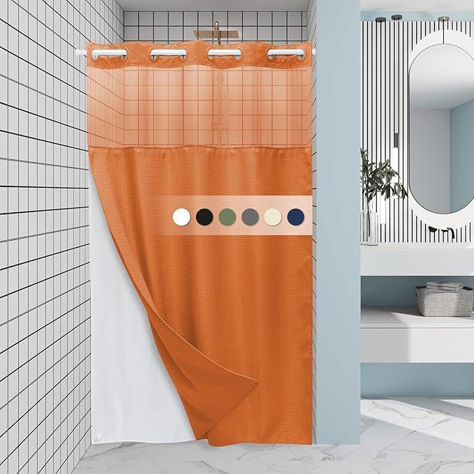 EUTXL Burnt Orange Stall No Hook Shower Curtain with Snap in Liner,230GSM Waffle Weave Shower Curtains for Bathroom,54W x 80H - ModernBath
