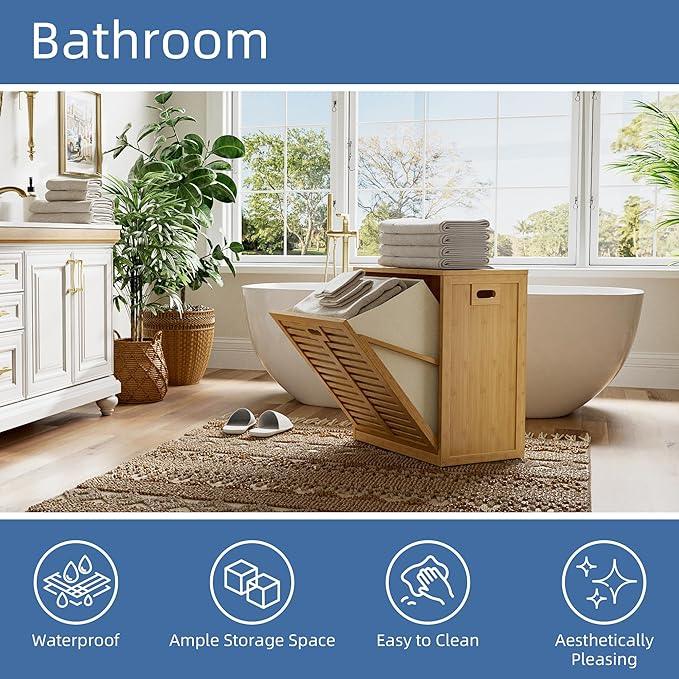 HITNET Tilt Out Laundry Hamper, Bamboo Laundry Cabinet with Hidden Removable Basket, Freestanding Clothes Storage organizer for Bedroom, Bathroom, Living Room, Natural - ModernBath