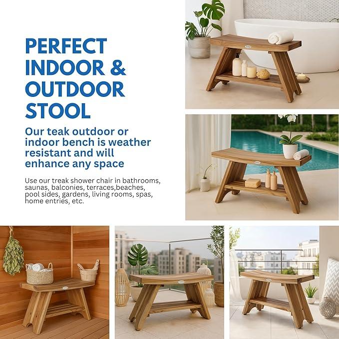 EcoDecors 35 Inch Serenity Teak Shower Bench – Waterproof Bathroom Seat with Large Storage Shelf For Adults & Seniors | Spa-Style Teak Wood Stool with Non-Slip Feet, Elegant Finish, 300 Pound Capacity - ModernBath