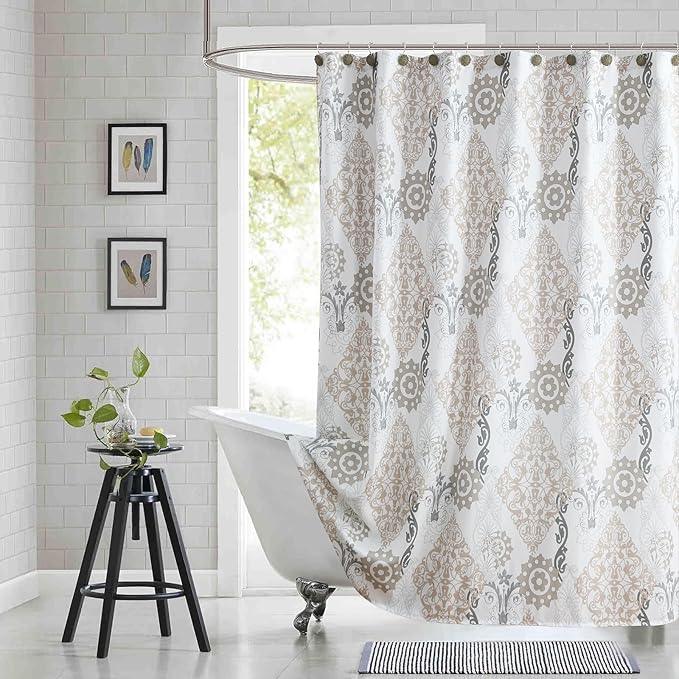 BESTRIPES Extra Long Fabric Shower Curtain, White and Beige Boho Damask Print Shower Curtains for Bathroom, 72" W x 84" H - ModernBath