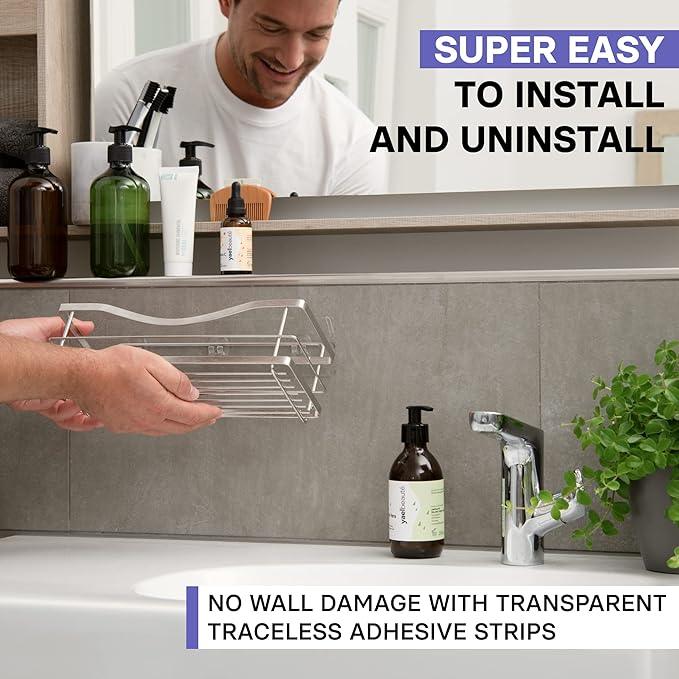 KINCMAX Premium Shower Caddy, Self Adhesive Wall Shower Organizer, 2-Pack No Drill Bathroom Shelves, Rustproof Stainless Steel Shampoo Holder, Storage Rack, Silver - ModernBath
