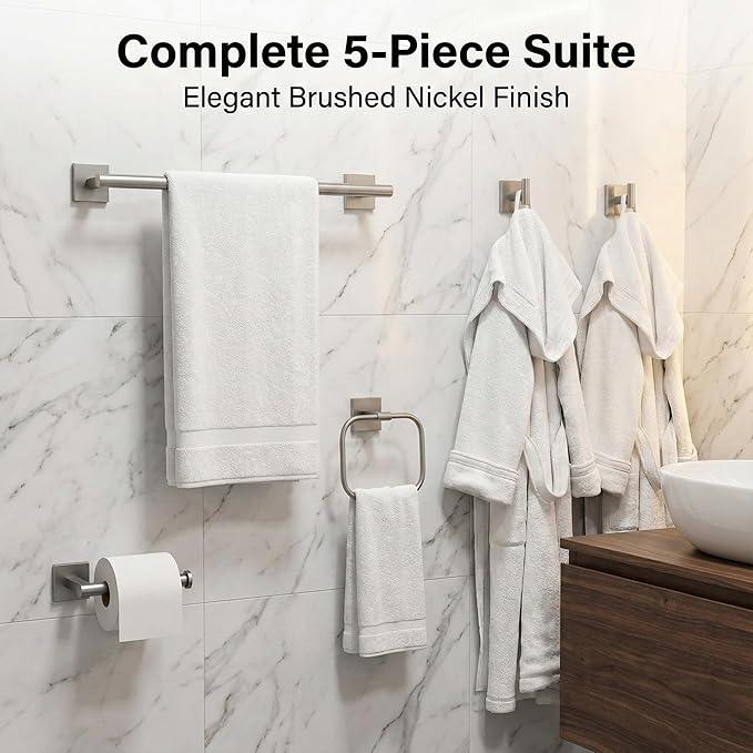 16" Brushed Nickel Bathroom Hardware Set 5-Piece, Fingerprint-Free SUS304 Stainless Steel Towel Bar for Small Bath & RV, Modern Square Bath Accessories Kit (Brushed Nickel) - ModernBath