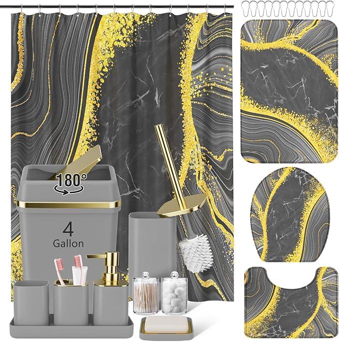 25PCS Bathroom Accessory Set, Beige Bathroom Set with Large-Capacity 4 Gallon Trash Can,Bathroom Rugs Set, Waterproof Shower Curtain, Toilet Brush, Toothbrush Holder & Soap Dispenser - ModernBath
