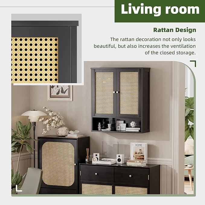 Bathroom Wall Cabinet, Bamboo Over-The-Toilet Storage Organizer with 2 Rattan Doors and Adjustable Shelf, Space Saver Medicine Cabinet for Laundry, Kitchen, Living Room (Black) - ModernBath