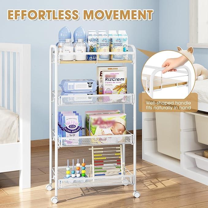 TOOLF 4-Tier Rolling Cart, Metal Utility Cart, Slide Out Storage Cart with Wooden Tabletop and Mesh Baskets, Easy Assemble Trolley for Kitchen Bathroom Laundry Room Bedroom Apartments Dormitory - ModernBath