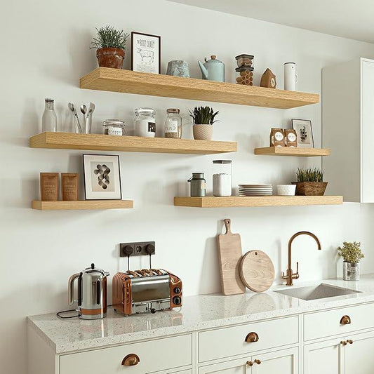 Vivelove 10 inches Deep Floating Shelves 36 inch Long, Large Oak Wall Shelves for Bedroom, Bathroom, Living Room, Kitchen, Office, Modern Shelf Home Decor with Invisible Bracket, Set of 2 Oak - ModernBath