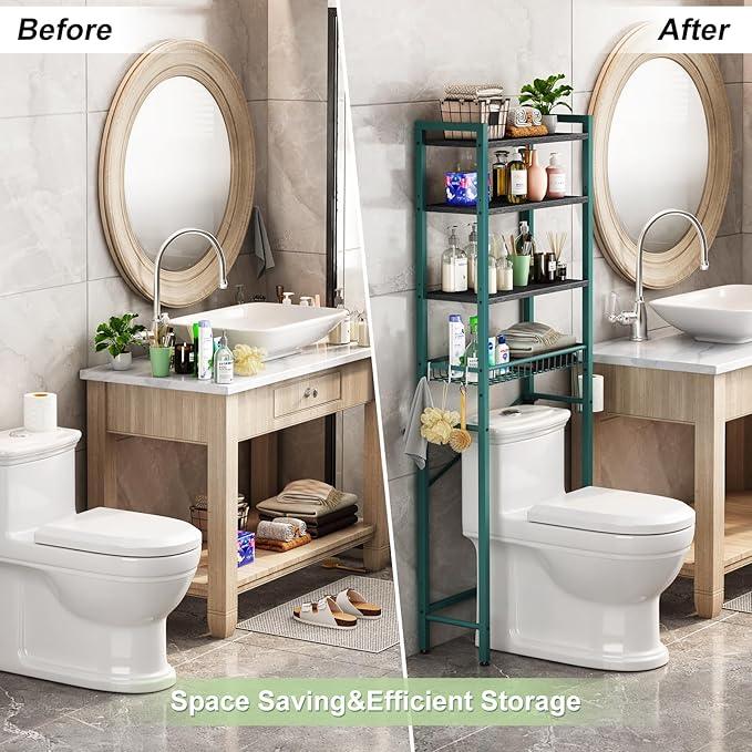 Over-The-Toilet Storage Rack, 4-Tier Bathroom Organizer Shelf Over Toilet with Adjustable Shelf and Basket, Freestanding Space Saver Bathroom Shelves Above Toilet for Room (Green- Black) - ModernBath