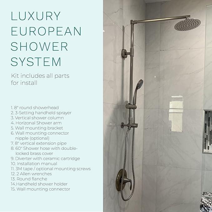 Fennocasa Polaris 3 Retrofit Rain Shower System, 3-Setting Handheld Shower Combo with Slide Bar, 8" Low Profile Shower Head (2.5 GPM Brushed Nickel) - ModernBath