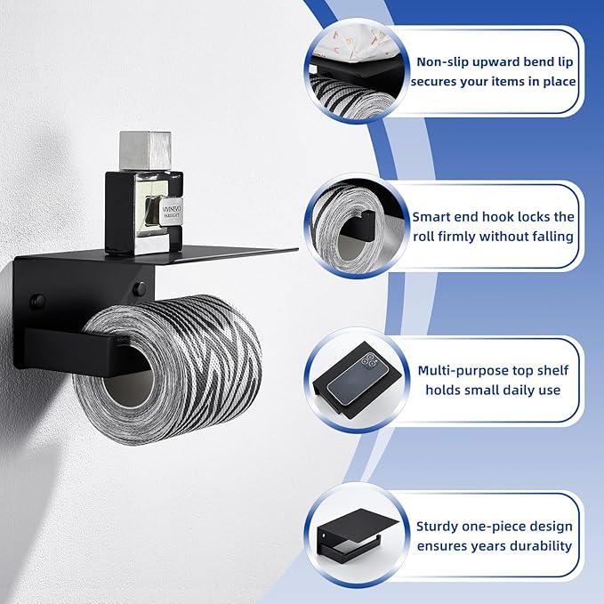 APLusee Toilet Paper Holder with Shelf Matte Black, 304 Stainless Steel Tissue Holder, Wall Mounted - ModernBath