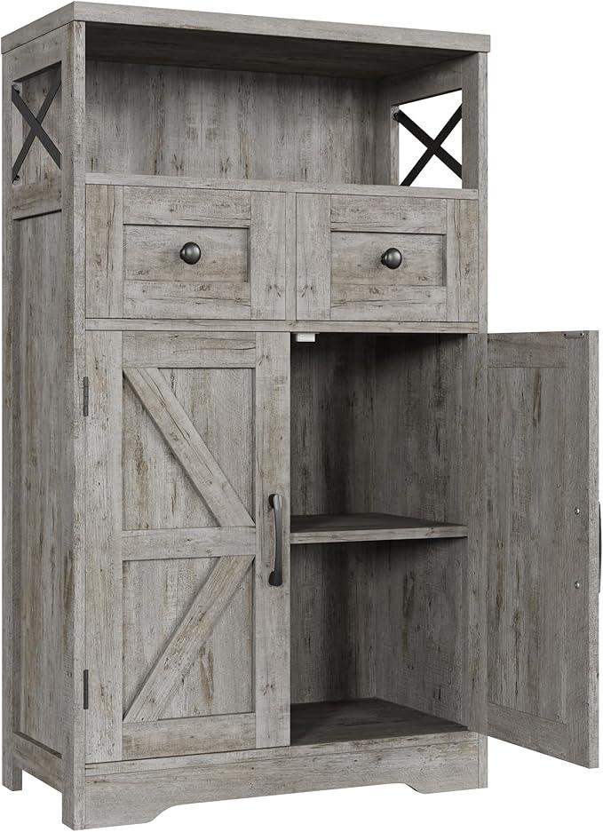 Small Farmhouse Storage Cabinet with Barn Doors, Farmhouse Kitchen Pantry Cabinet, Tall Coffee Bar with Storage, Hutch Cupboard for Kitchen, Laundry, Living Room, Washed Grey - ModernBath