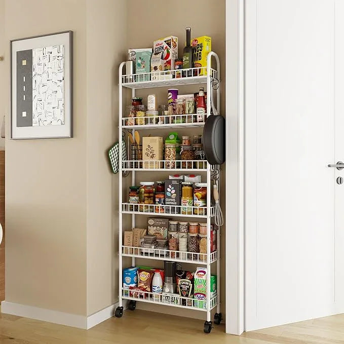 6 Tier Slim Rolling Storage Cart with Wheels, Metal Mobile Shelving Unit Organizer Utility Cart for Office Bathroom Kitchen Laundry Room Narrow Places (White 6 Inches) - ModernBath