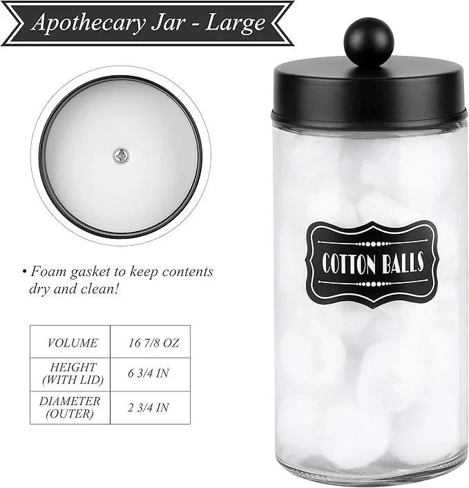 Apothecary Jars 3 Pack - Glass Bathroom Containers with Stainless Steel Lids - Rustic Farmhouse Decor Bathroom Accessories, Vanity Organizer Apothecary Jars for Qtip/Cotton Balls (Matte Black) - ModernBath