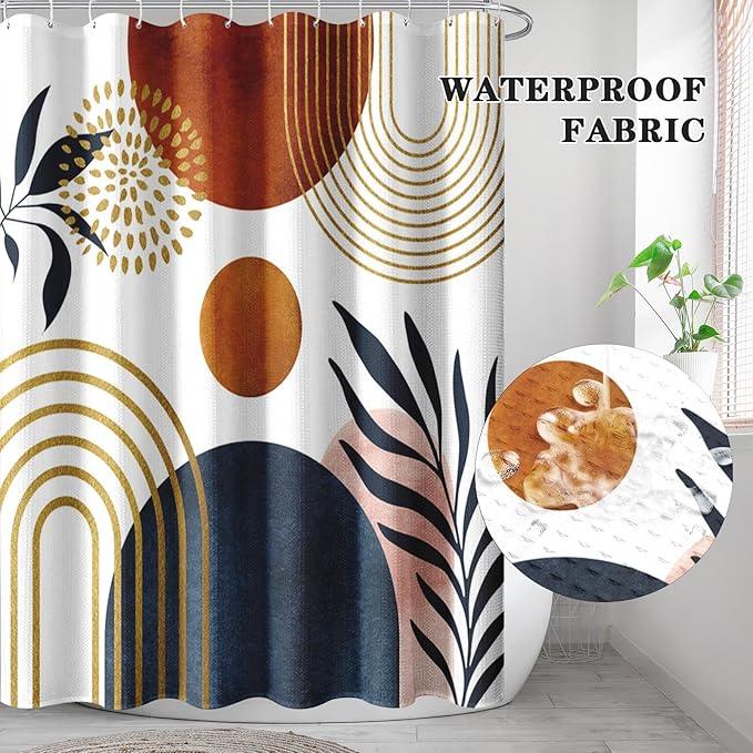 Culudea Boho Geometric Leaf Shower Curtain Set, Mid Century Sun Bohemian Bathroom Window Waffle Textured Cloth Waterproof Shower Curtains for Bathroom Decor - ModernBath