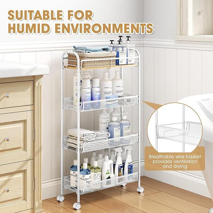 TOOLF 4-Tier Slim Rolling Cart, Metal Utility Cart, Slide Out Storage Cart with Wooden Tabletop and Mesh Baskets for Narrow Space on Kitchen Bathroom Laundry Room Bedroom Apartments Dormitory - ModernBath