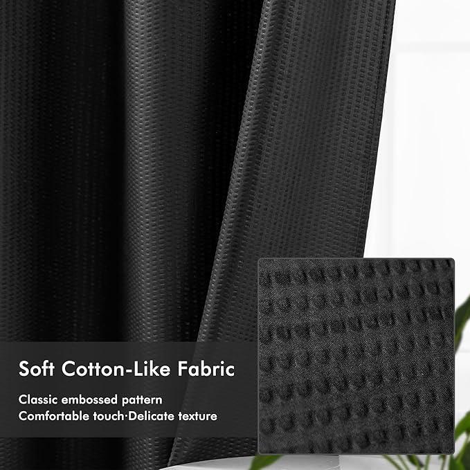 Mrs Awesome No Hook Shower Curtain with Snap-in Liner Less Time On/Off, Embossed Waffle-Look Textured Fabric Shower Curtain for Bathroom, Soft & Lightweight, 71x74, Black - ModernBath