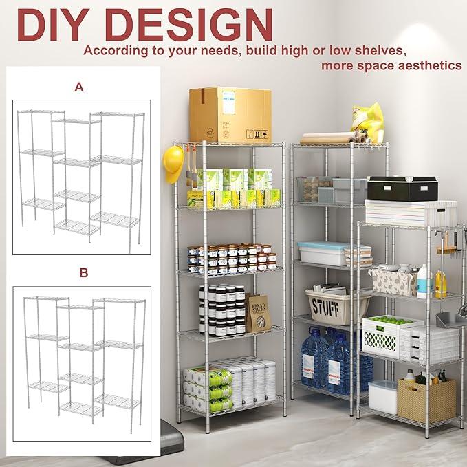 HOMEFORT 6-Shelving Unit, Adjustable Wire Shelving, Metal Wire Shelf Rack Organizer for Kitchen, Pantry, Closet, Bathroom, Laundry, Sliver,21" W x 11" D x 69" H - ModernBath