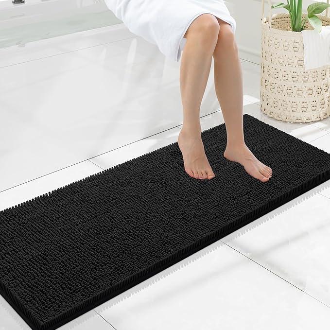 Smiry Luxury Chenille Bathroom Rugs 47x17, Extra Soft and Absorbent Shaggy Bath Mat, Machine Washable, Non-Slip Plush Carpet Runner for Tub, Shower, and Floor, Home Decor Accessories, Black - ModernBath