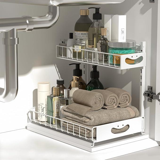 Under Sink Organizer with Pull-Out Drawers,Kitchen Sink Organizer,2 Tier Bathroom Organizers And Storage,Bathroom Accessories Set,White 1 Pack - ModernBath