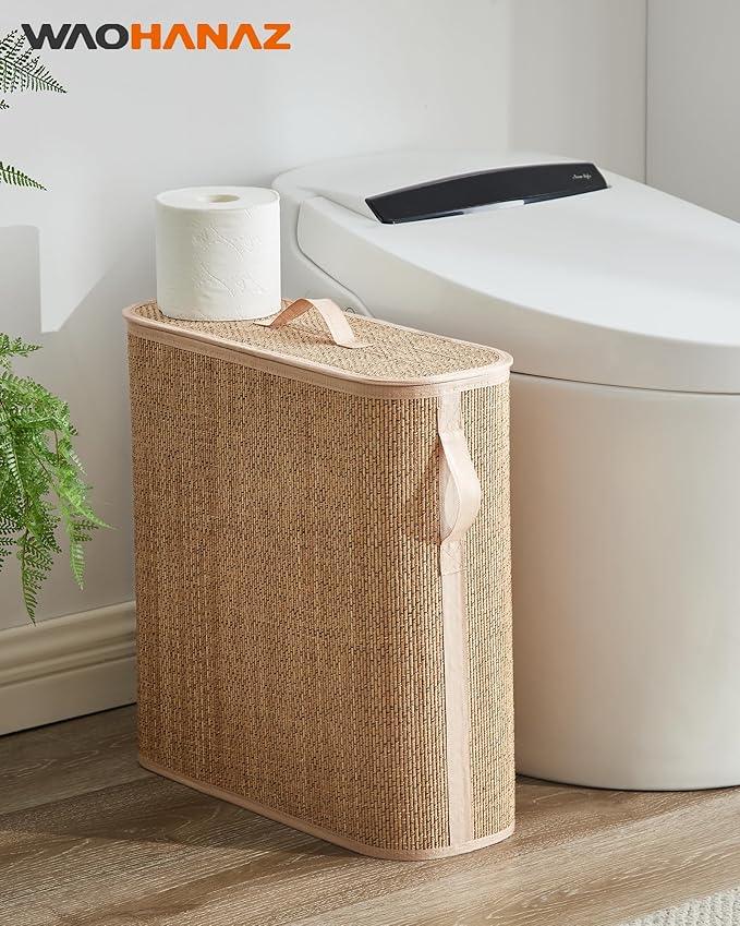 Bamboo Toilet Paper Storage Basket with Lid & Handle - 32L Large Capacity Handwoven Bathroom Organizer for 16 Rolls - Sturdy Stand Holder for Toilet Paper Organization, Carbon Brown - ModernBath
