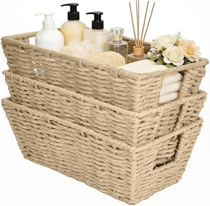 Paper Rope Storage Baskets for Shelves Organizing, Small Hand Woven Wicker Organizer Basket with Handle for Bathroom Toilet Paper Storage, Beige, 3-Pack - ModernBath