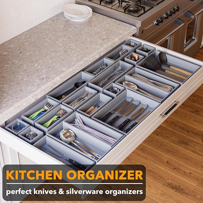 SpaceAid 21-Piece Bamboo Drawer Organizer Storage Boxes Set, Wood Tray Junk Drawer Organizers Multi-Use Divider Bins for Kitchen, Bathroom, Office Desk and Makeup Organization (21 Pack, Gray) - ModernBath