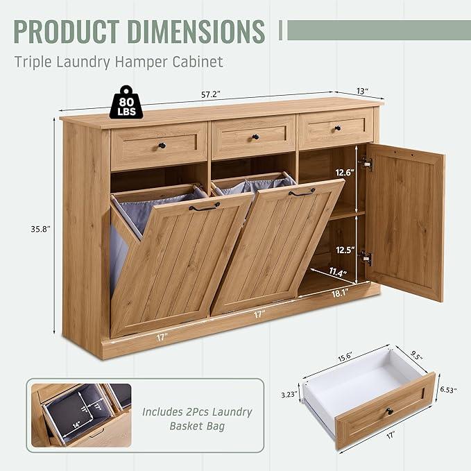 Triple Tilt Out Laundry Hamper Cabinet, 20 Gallon Farmhouse Trash Can Cabinet w/Drawer & Adjustable Shelf, Hidden Garbage Can Bin Cabinets w/Laundry Basket for Bathroom, Kitchen (Natural) - ModernBath